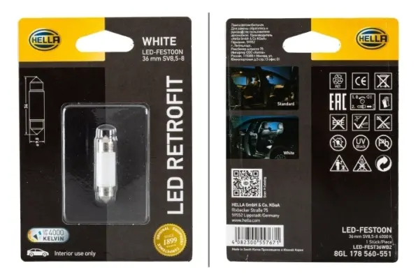 ЇARУWKA LED RETROFIT C5W SV8.5-8 36MM 4000K 2SZT HELLA 8GL 178 560-551 (фото 1)