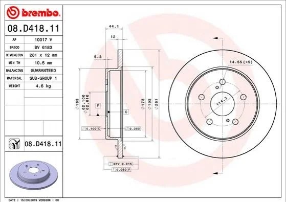 Тормозной диск зад. Toyota RAV 4 18- BREMBO 08D41811 (фото 1)