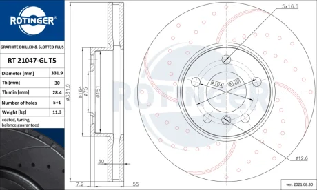Диск гальмівний передній (кратно 2) Bmw X5(E70,F15,F85), X6(E71,E72,F16,F86) [332X63 перфорир.] (RT 21047-GL T5) ROTINGER RT 21047-GL/T5
