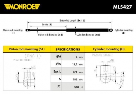 VOLVO Газовый амортизатор багажника XC90 10/02- MONROE ML5427