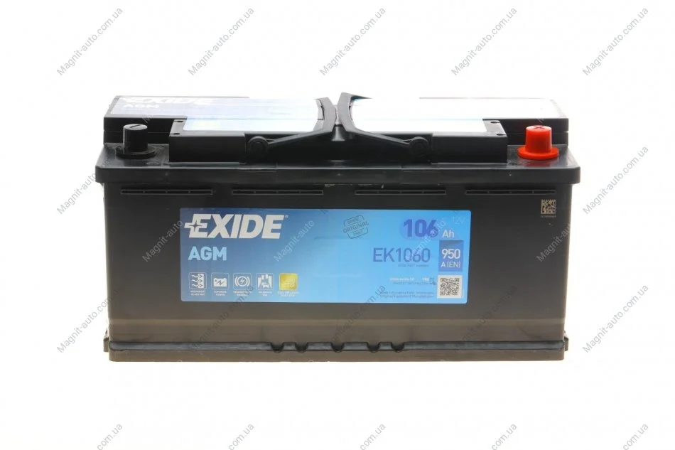 АКБ 6СТ-106 R+ (пт950) (необслуг)(392х175х190) AGM Exide (Start/Stop) EXIDE EK1060 (фото 1)
