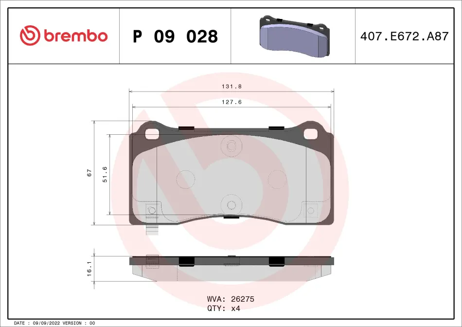 Комплект гальмівних накладок, дискове гальмо BREMBO P 09 028 (фото 1)