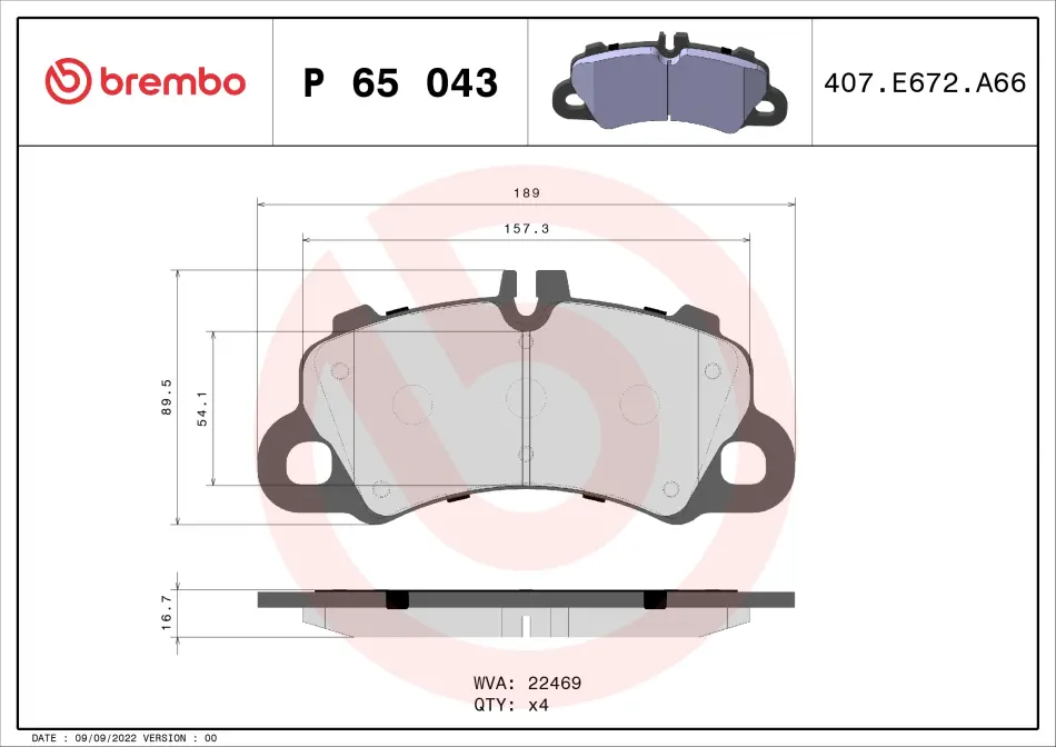 Колодки гальмівні дискові (комплект 4 шт) BREMBO P 65 043 (фото 1)