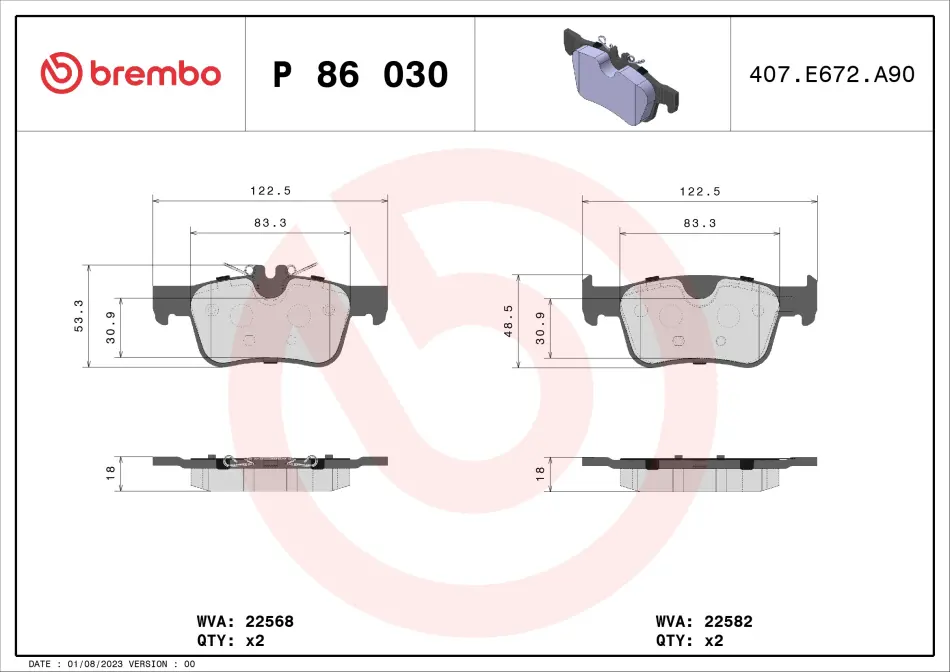 Гальмівні колодки, комплект BREMBO P 86 030 (фото 1)