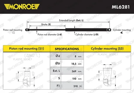 Демпфер дверей капота MONROE ML6281