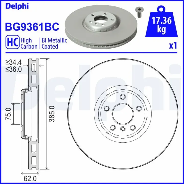 DELPHI BMW Гальмівний диск передн. лівий X5 (E70), X5 (F15, F85), X6 (E71, E72) Delphi BG9361BC (фото 1)