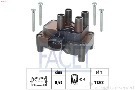 Катушка зажигания Ford Focus, Fiesta, Mondeo, Transit Connect (95-13) 1.3i-2.0i 16V (9.6432) Facet FACET 96432