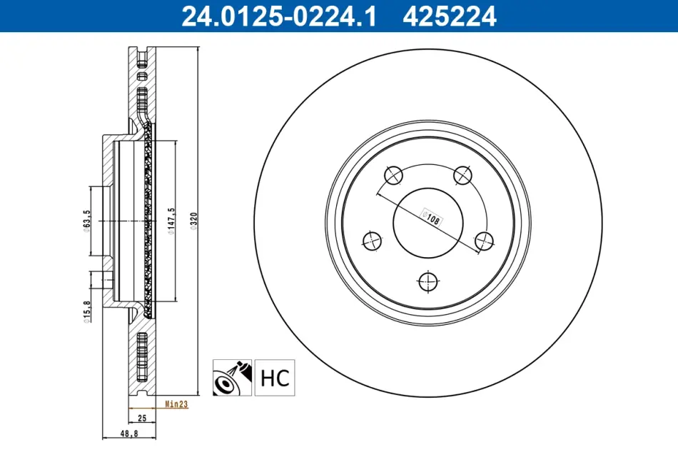 Диск гальмівний передн лів/прав FORD TOURNEO CONNECT V408 NADWOZIE WIELKO, TRANSIT CONNECT, TRANSIT CONNECT V408 1.0-1.6D 09.13- ATE 24.0125-0224.1 (фото 1)
